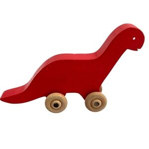 Vintage Wooden Dinosaur Toy Car Rolling Brontosaurus Red Handmade